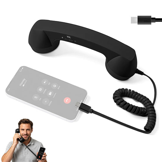 ZORBES® Retro Mobile Phone Handset for Type-C Smartphones, Plug and Play Wired Telephone Receiver Coiled Cord Retro Landline Call Handset with Volume Control, Hands-Free Vintage Phone Accessory